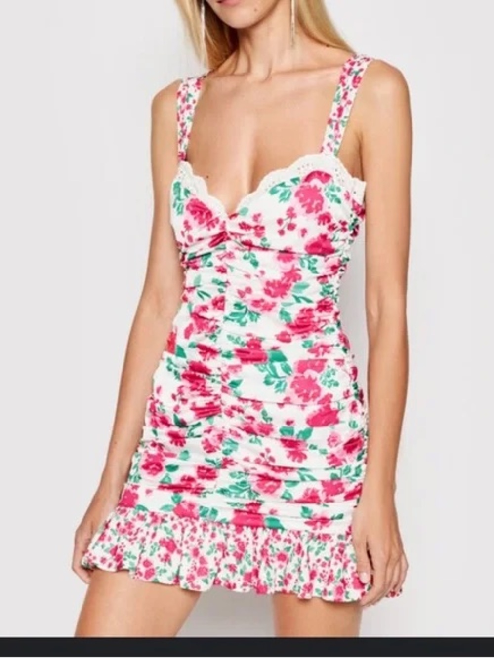 For Love & Lemons Pink Floral Ruched Mini Dress